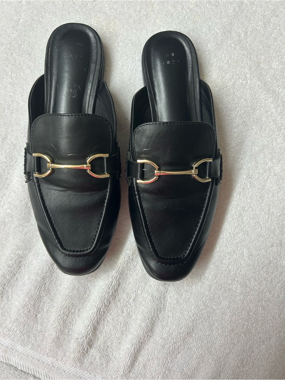 a new day Black Faux Leather Backless Loafers with Gold Bit